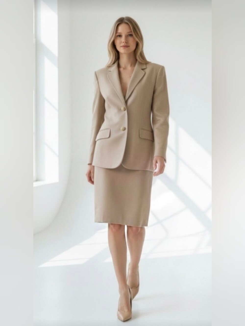 DONCASTER! 100% SILK! YELLOW/TAN WOVEN TEXTURED 2PC SKIRT, JACKET SUIT, SET! 14